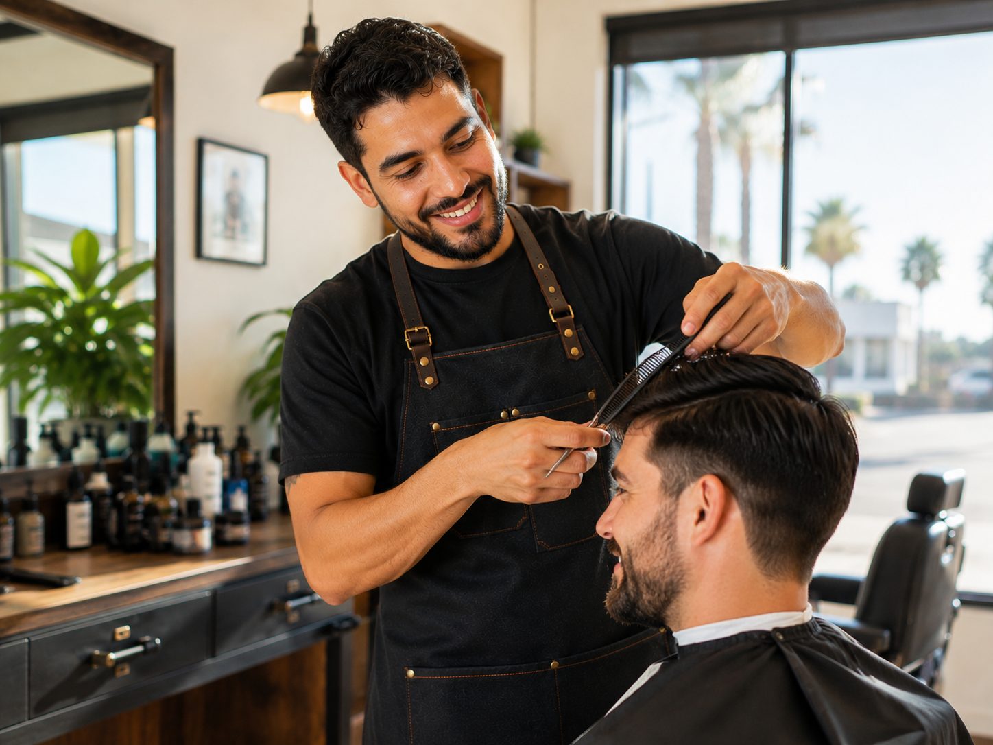 Dono de barbearia atendendo um cliente no seu negócio