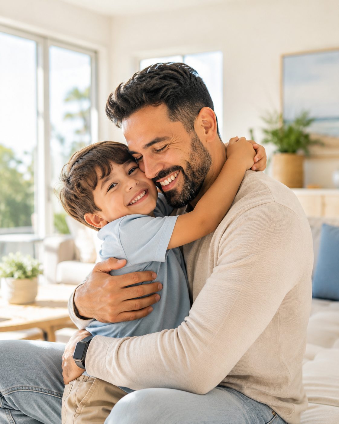 Pai e filho brasileiros se abraçando, sorrindo em casa