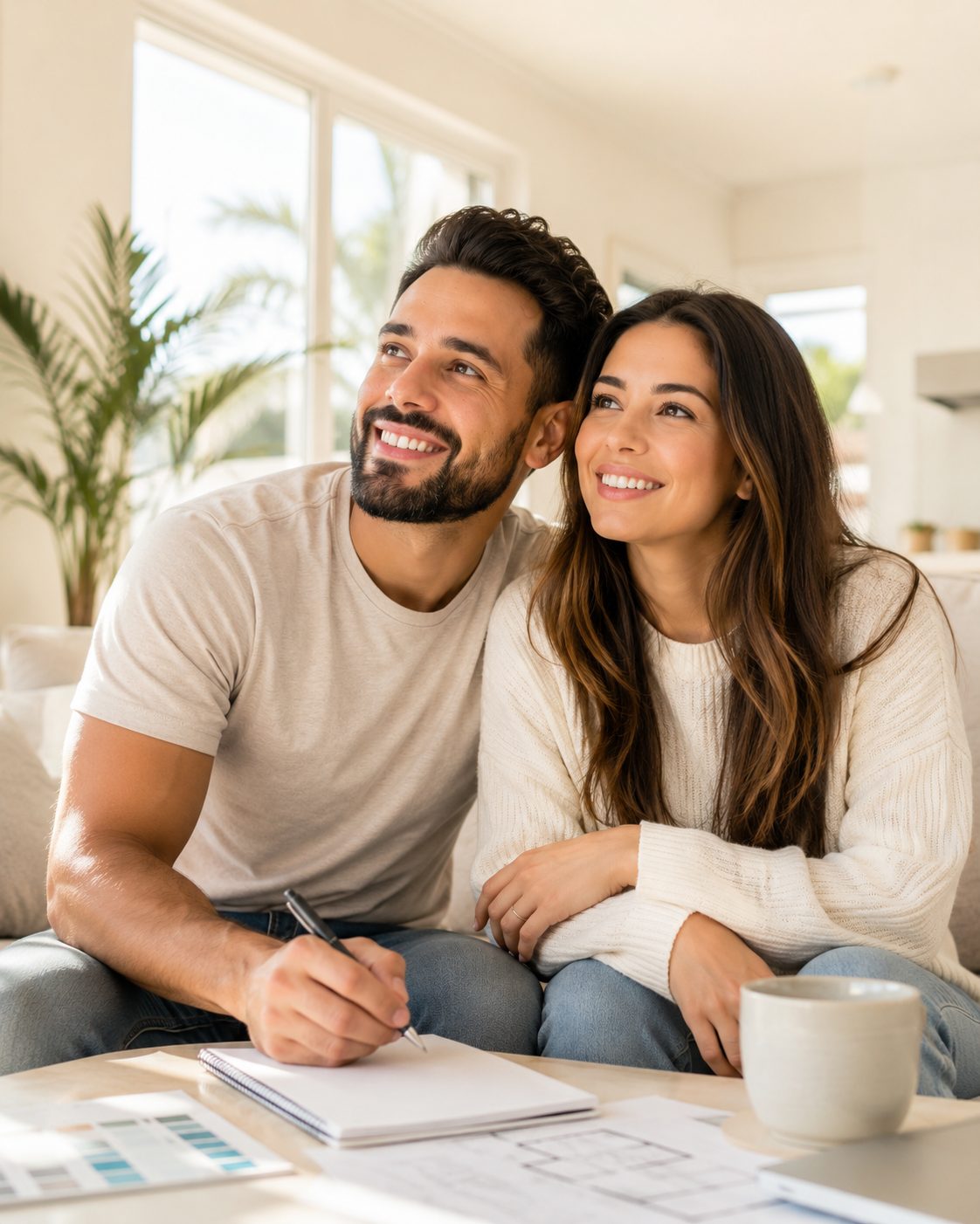 Casal brasileiro sorrindo enquanto planeja o futuro em casa