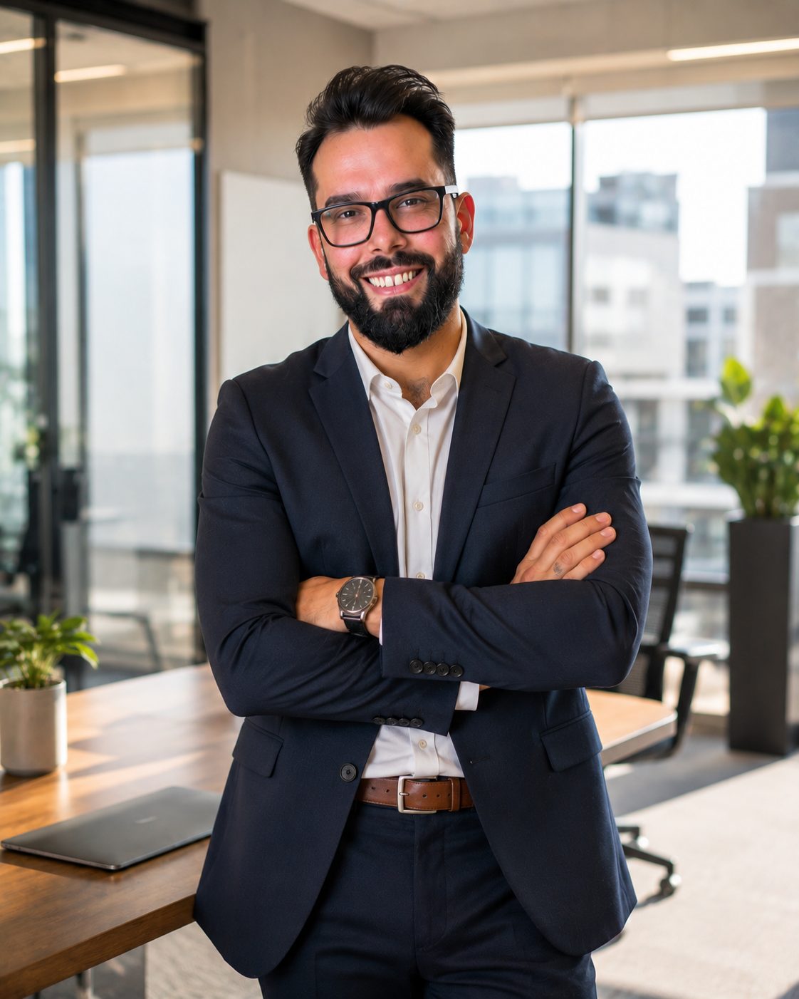Gregori Martins, agente de seguros de vida, sorrindo no escritório