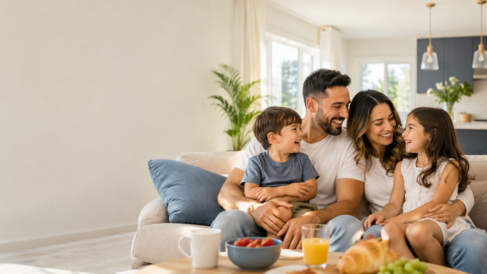 Família brasileira sorrindo junta no sofá de casa