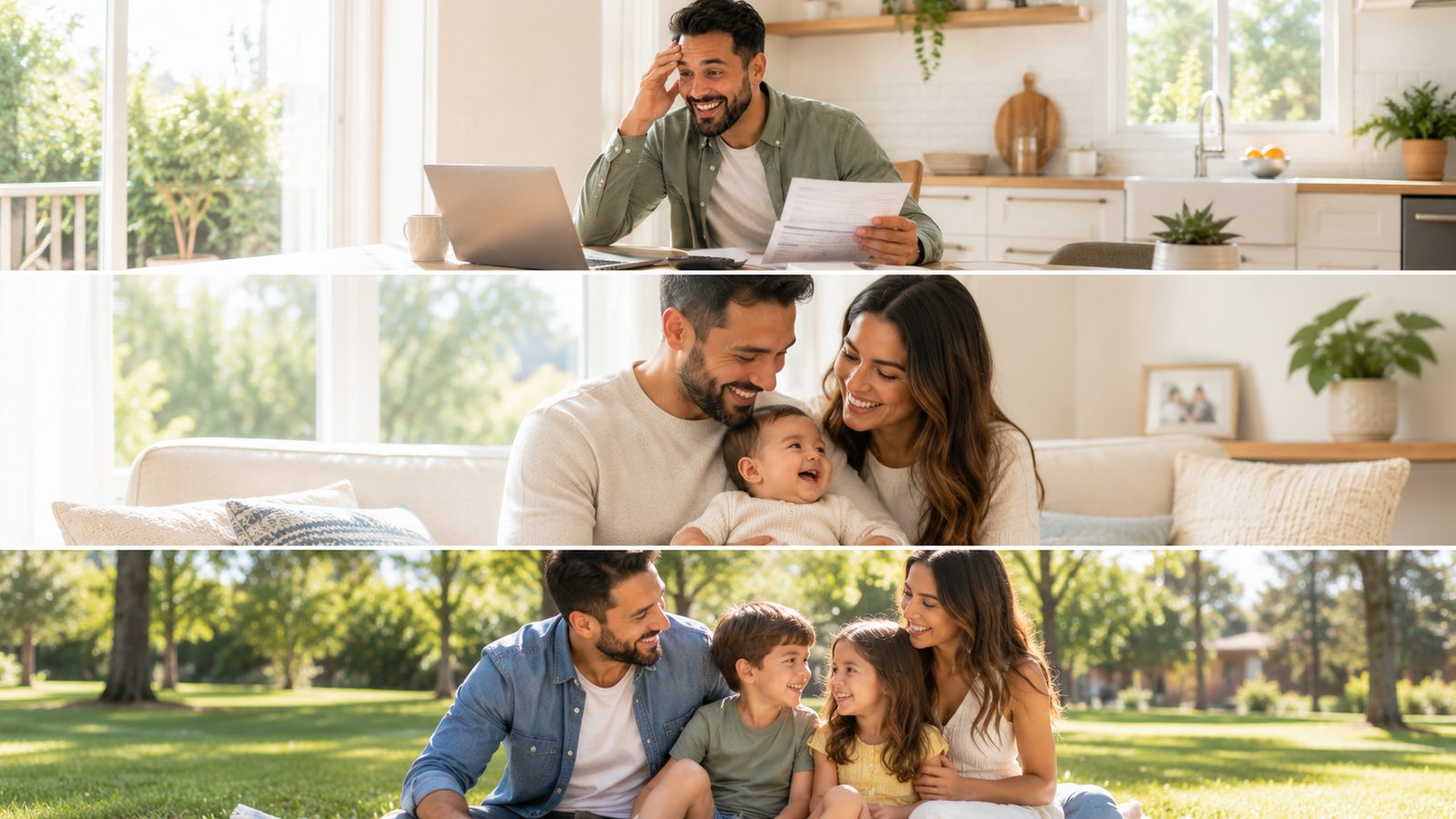 Cenas de uma família brasileira em casa e ao ar livre, tranquila e feliz